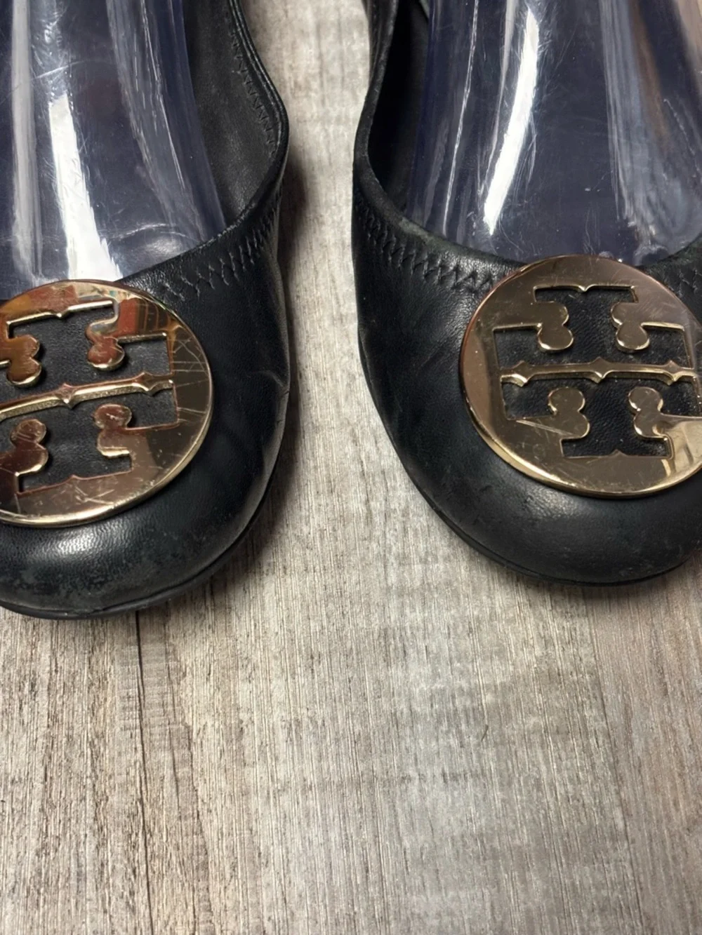 Tory Burch Reva Black Leather Logo Ballet Flat with Gold Medallion